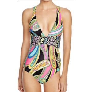 Trina Turk Garden Paisley One Piece Swimsuit Size 8 Plunge Neckline Bathing Suit